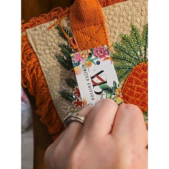 NWT America & Beyond Orange Viral Beaded Fringe Fiesta Pineapple Bag Purse - Picture 6 of 10